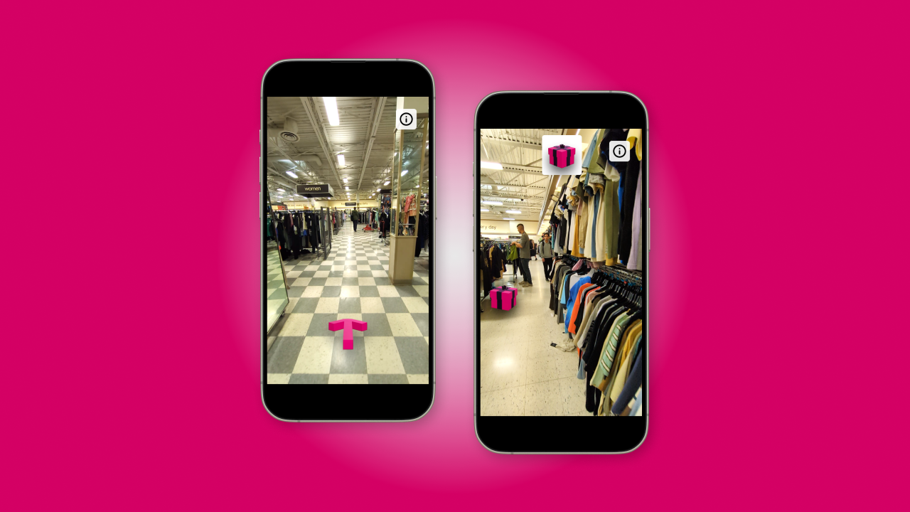 Two phone screens of the Winners treasure Hunt. 
            The left depicting a pink arrow superimposed onto the store floor. The left depicting a pink gift box superimposed 
            onto the store floor.